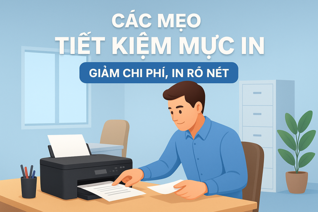 Nhân viên văn phòng đang in tài liệu bằng máy in để minh họa cho các mẹo tiết kiệm mực in, với dòng chữ ‘Giảm chi phí, in rõ nét’ hiển thị trên nền xanh trong không gian làm việc hiện đại.