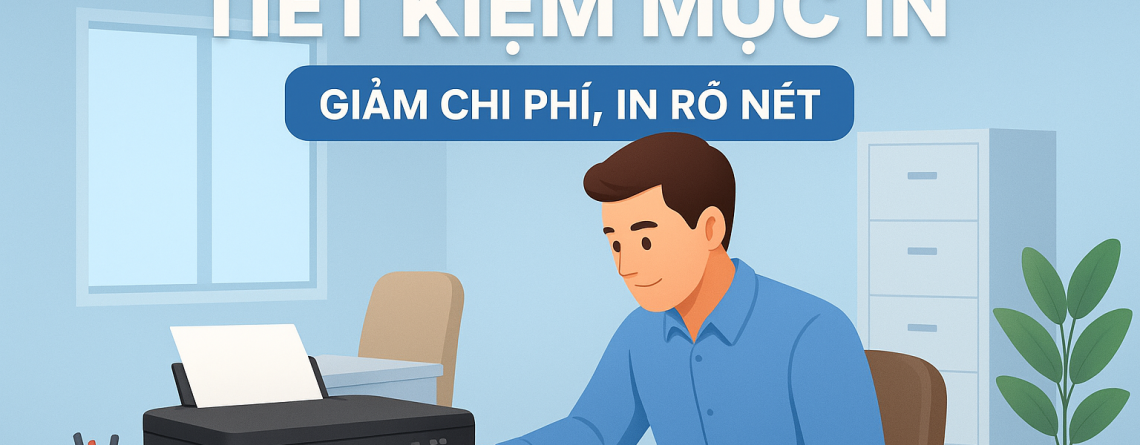 Nhân viên văn phòng đang in tài liệu bằng máy in để minh họa cho các mẹo tiết kiệm mực in, với dòng chữ ‘Giảm chi phí, in rõ nét’ hiển thị trên nền xanh trong không gian làm việc hiện đại.