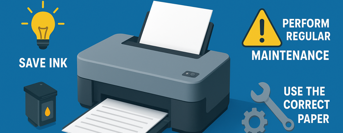 Infographic máy in với các mẹo sử dụng cơ bản: tiết kiệm mực, bảo trì định kỳ và chọn đúng loại giấy, minh họa bằng máy in hiện đại và biểu tượng cảnh báo, bóng đèn và dụng cụ sửa chữa.