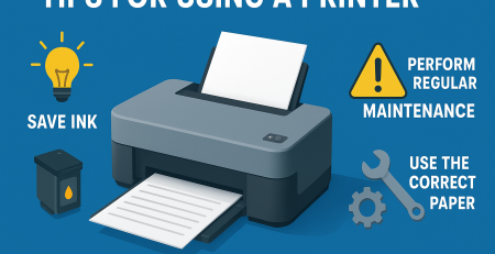 Infographic máy in với các mẹo sử dụng cơ bản: tiết kiệm mực, bảo trì định kỳ và chọn đúng loại giấy, minh họa bằng máy in hiện đại và biểu tượng cảnh báo, bóng đèn và dụng cụ sửa chữa.