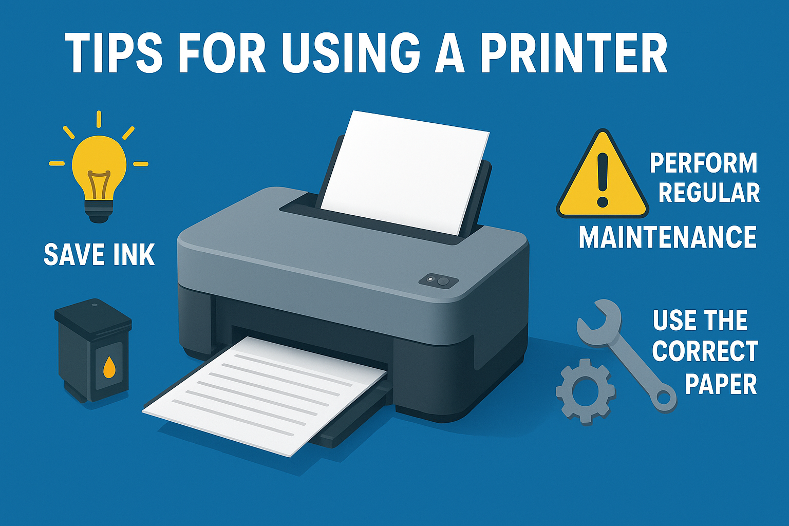 Infographic máy in với các mẹo sử dụng cơ bản: tiết kiệm mực, bảo trì định kỳ và chọn đúng loại giấy, minh họa bằng máy in hiện đại và biểu tượng cảnh báo, bóng đèn và dụng cụ sửa chữa.