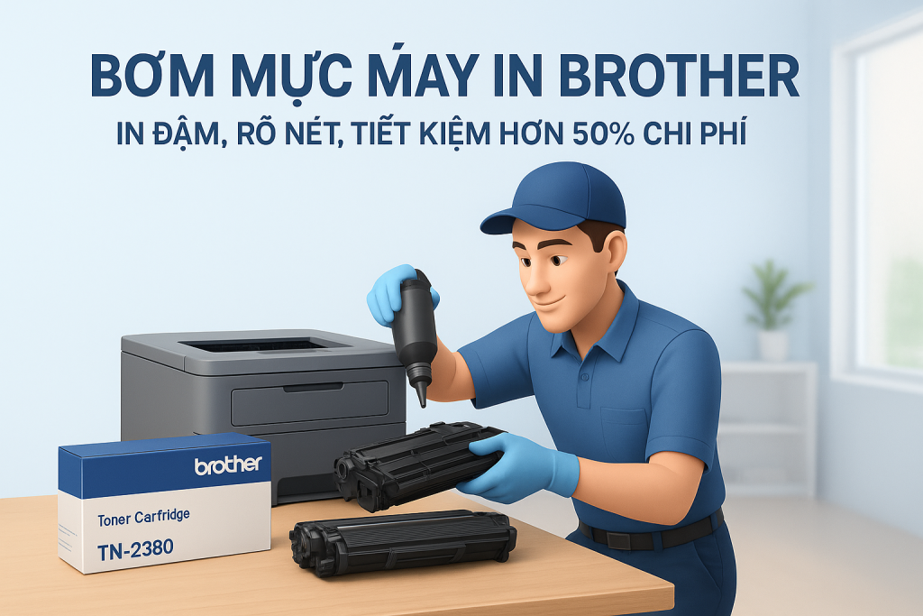 Nhân viên kỹ thuật đang bơm mực máy in Brother tận nơi tại văn phòng khách hàng