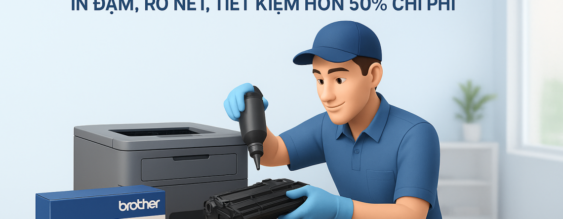 Nhân viên kỹ thuật đang bơm mực máy in Brother tận nơi tại văn phòng khách hàng