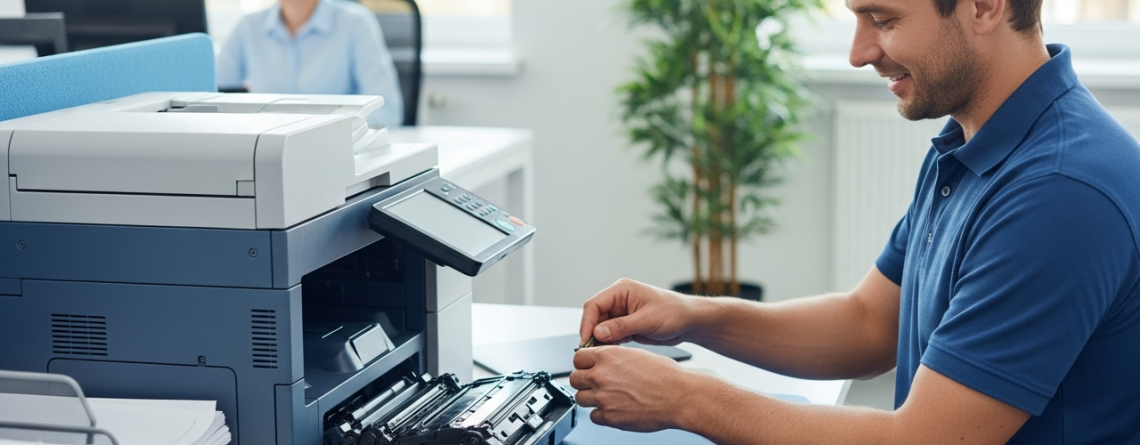 Kỹ thuật viên đang nạp mực in cho máy in văn phòng, sử dụng dụng cụ chuyên dụng trên bàn làm việc gọn gàng