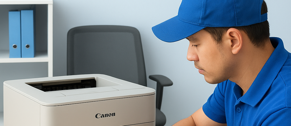 Kỹ thuật viên nạp mực in tận nơi cho máy in Canon trong văn phòng, áo đồng phục xanh, nền sáng, chữ “NẠP MỰC IN TẬN NƠI LÀ GÌ?” hiển thị trên tường.