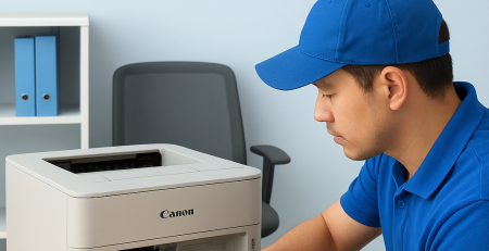 Kỹ thuật viên nạp mực in tận nơi cho máy in Canon trong văn phòng, áo đồng phục xanh, nền sáng, chữ “NẠP MỰC IN TẬN NƠI LÀ GÌ?” hiển thị trên tường.