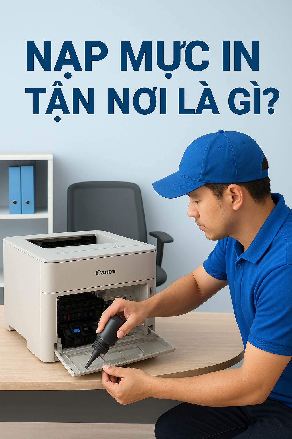 Kỹ thuật viên nạp mực in tận nơi cho máy in Canon trong văn phòng, áo đồng phục xanh, nền sáng, chữ “NẠP MỰC IN TẬN NƠI LÀ GÌ?” hiển thị trên tường.